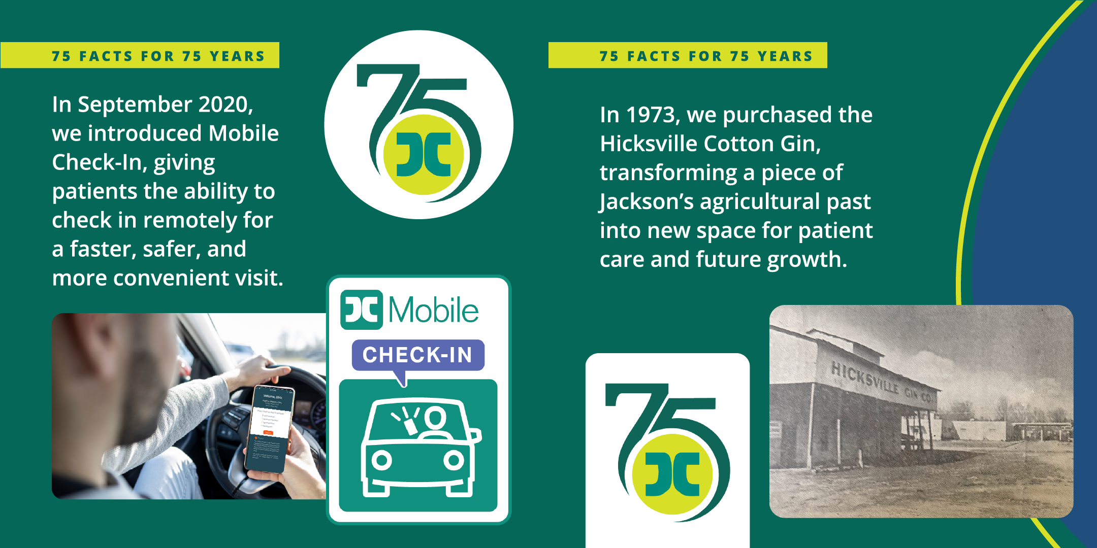 Card with text: In September 2020, we introduced Mobile Check-In, giving patients the ability to check in remotely for a faster, safer, and more convenient visit. In 1973, we purchased the Hicksville Cotton Gin, transforming a piece of Jackson's agricultural past into new space for patient care and future growth.