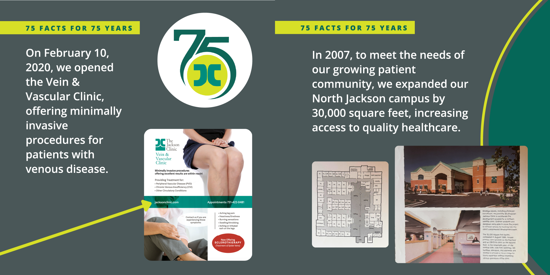 Card with text: On February 10, 2020, we opened the Vein & Vascular Clinic, offering minimally invasive procedures for patients with venous disease. In 20017, to meet the needs of our growing patient community, we expanded our North Jackson campus by 30,000 square feet, increasing access to quality healthcare.