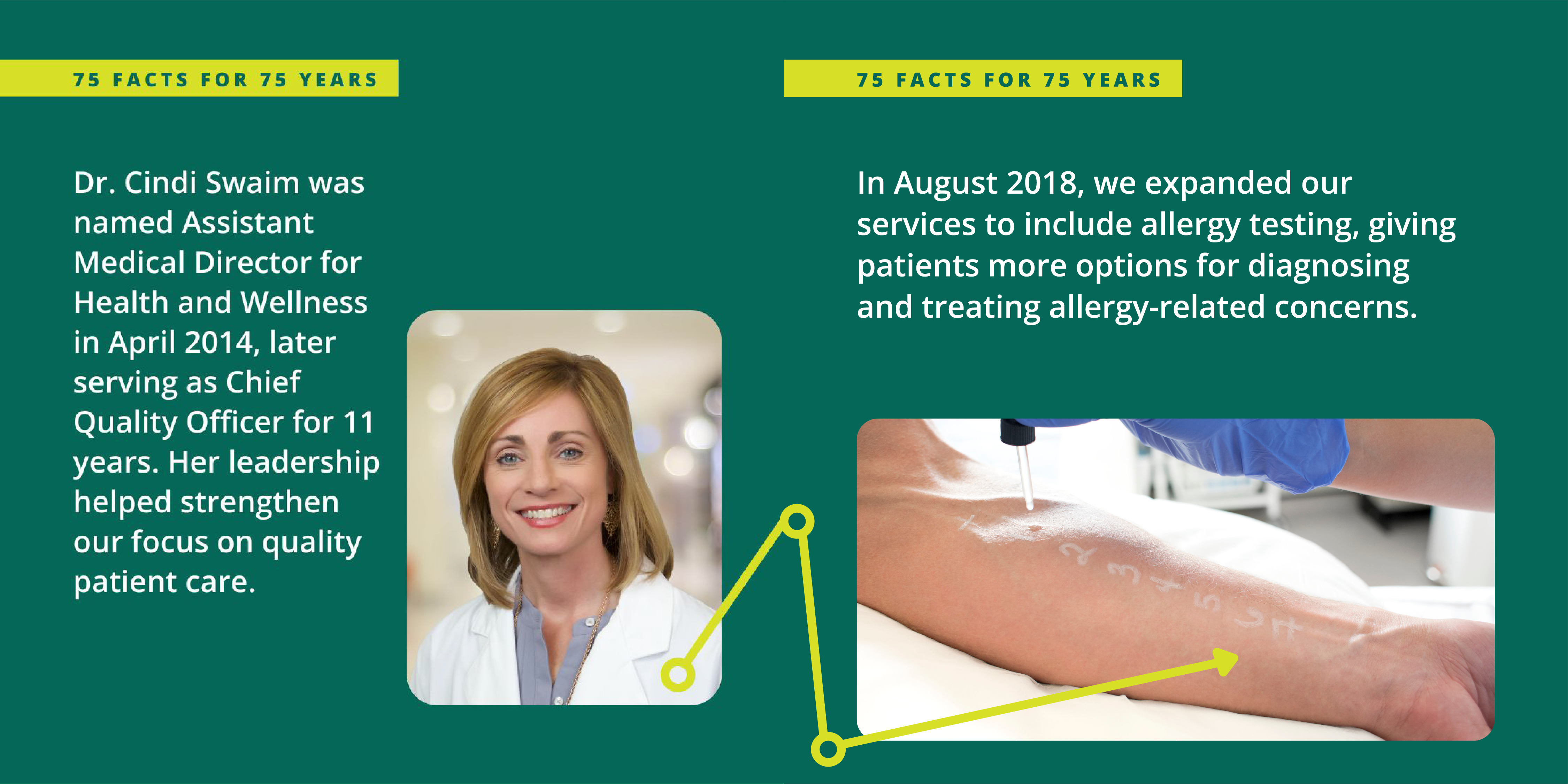 Card with text: Dr. Cindi Swaim was named Assistant Medical Director for Health and Wellness in April 2014, later serving as Chief Quality Officer for 11 years. Her leadership helped strengthen our focus on quality patient care. In August 2018, we expanded our services to include allergy testing, giving patients more options for diagnosing and treating allergy-related concerns.