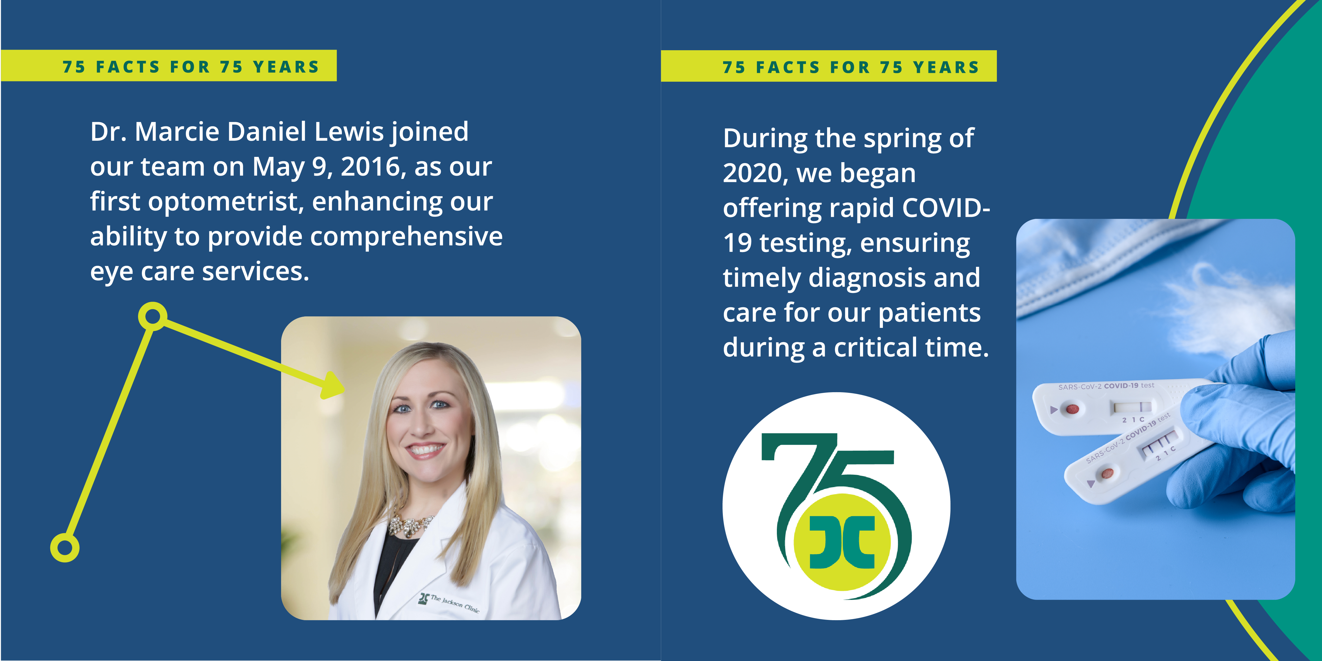 Card with text: Dr. Marcie Daniel Lewis joined our team on May 9, 2016, as our first optometrist, enhancing our ability to provide comprehensive eye care services. During the spring of 2020, we began offering rapid COVID-19 testing, ensuring timely diagnosis and care for our patients during a critical time.