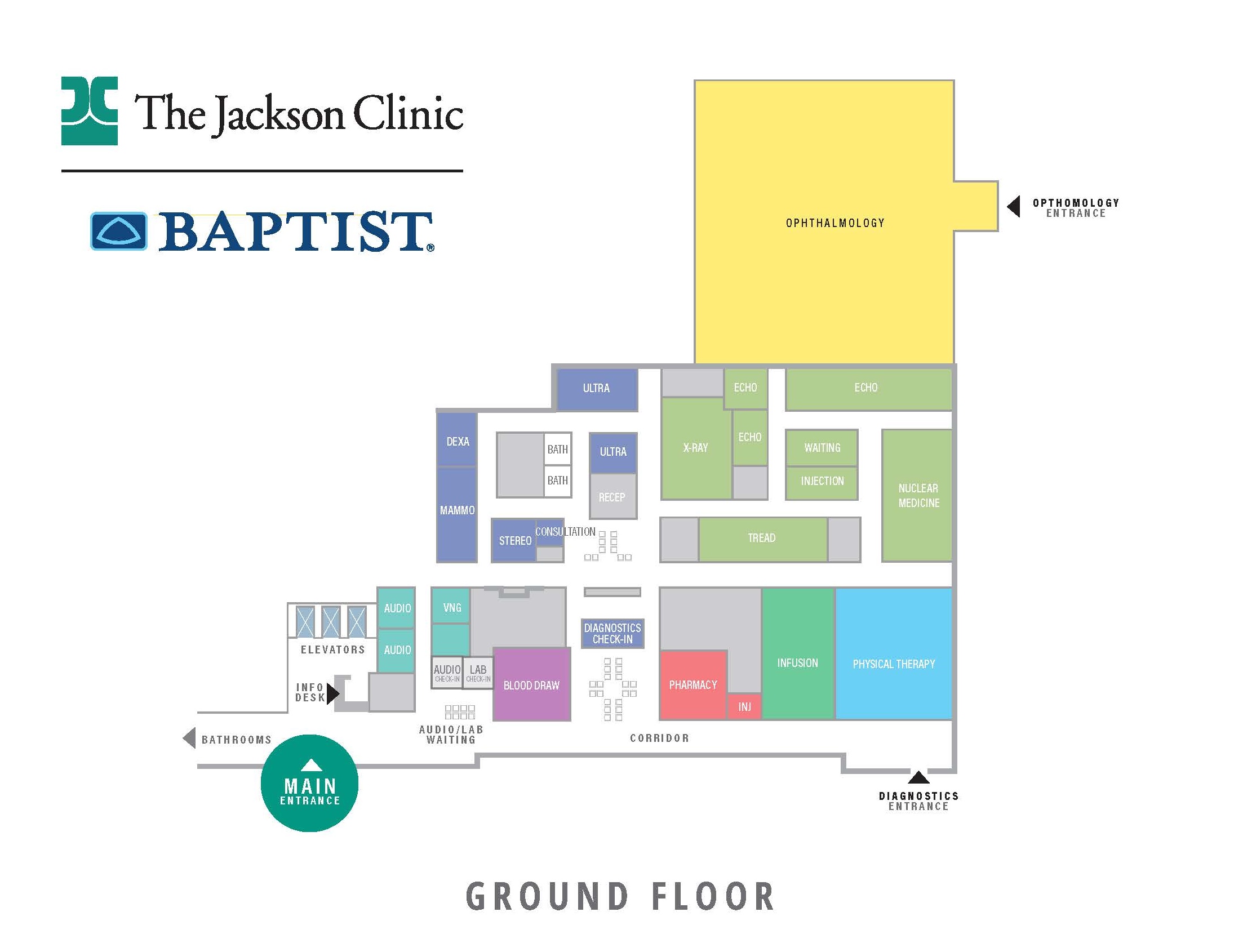 Color coded floor plan map of the Jackson Clinic Baptist Campus
