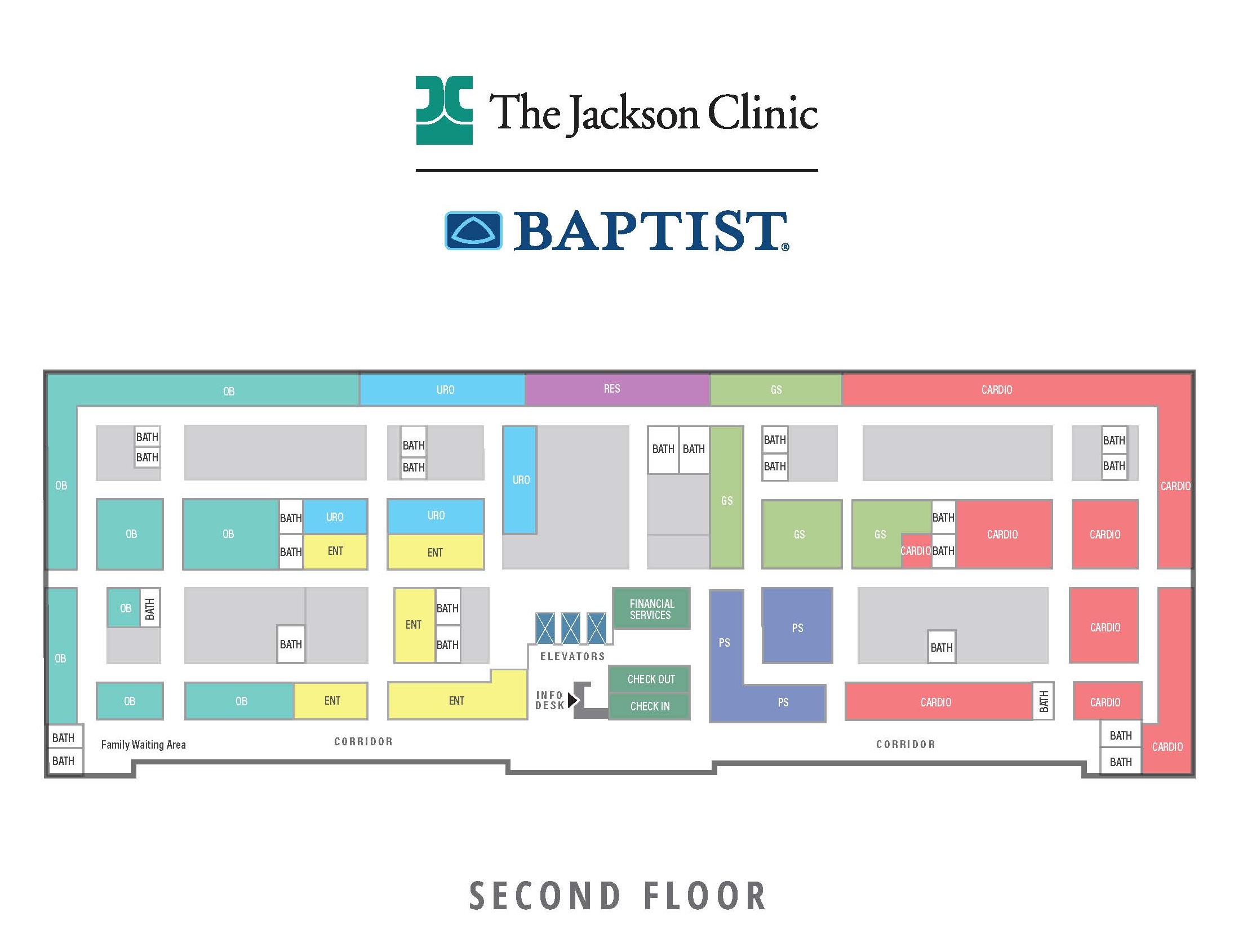 Color coded floor plan map of the Jackson Clinic Baptist Campus second floor